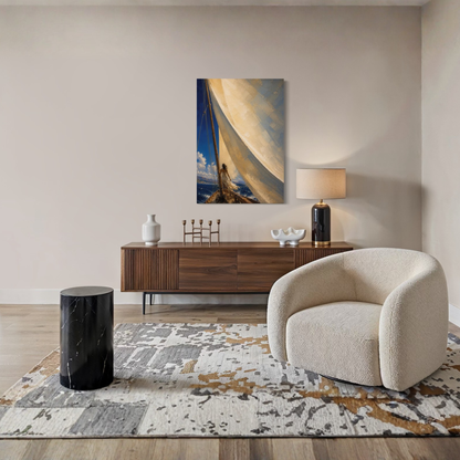 The Sail canvas art styled above a modern sideboard in a minimalist interior.