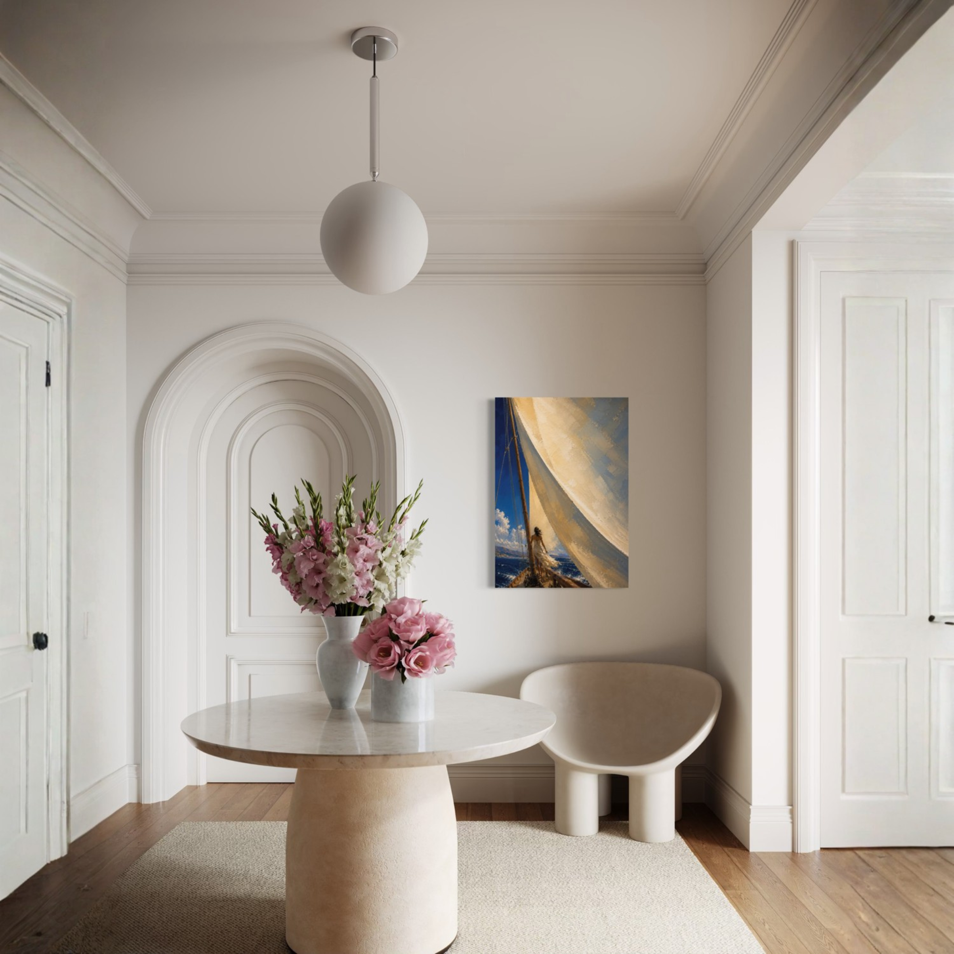 The Sail canvas art displayed in a minimal neutral interior with sculptural decor.