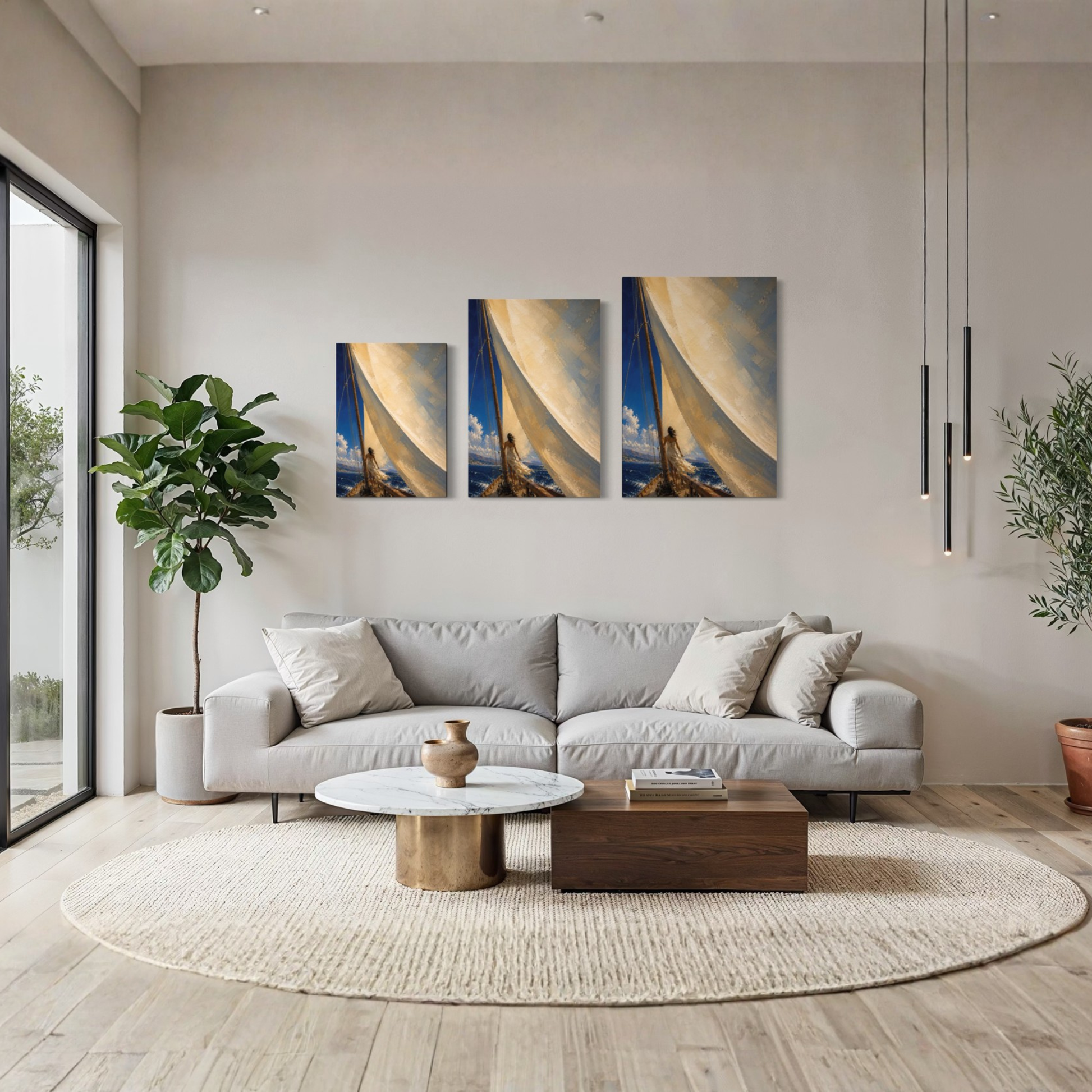 The Sail canvas art styled above a curved cream sofa in a contemporary interior.