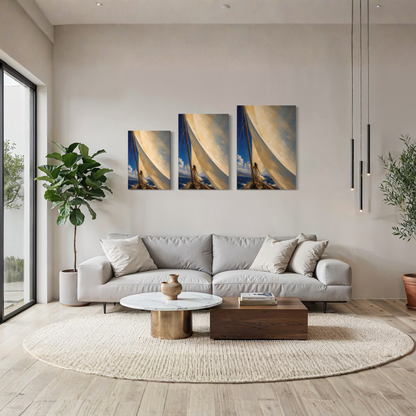 The Sail canvas art styled above a curved cream sofa in a contemporary interior.