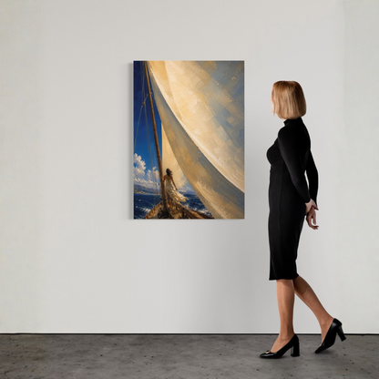 The Sail canvas art displayed on a white gallery wall beside a woman for scale.