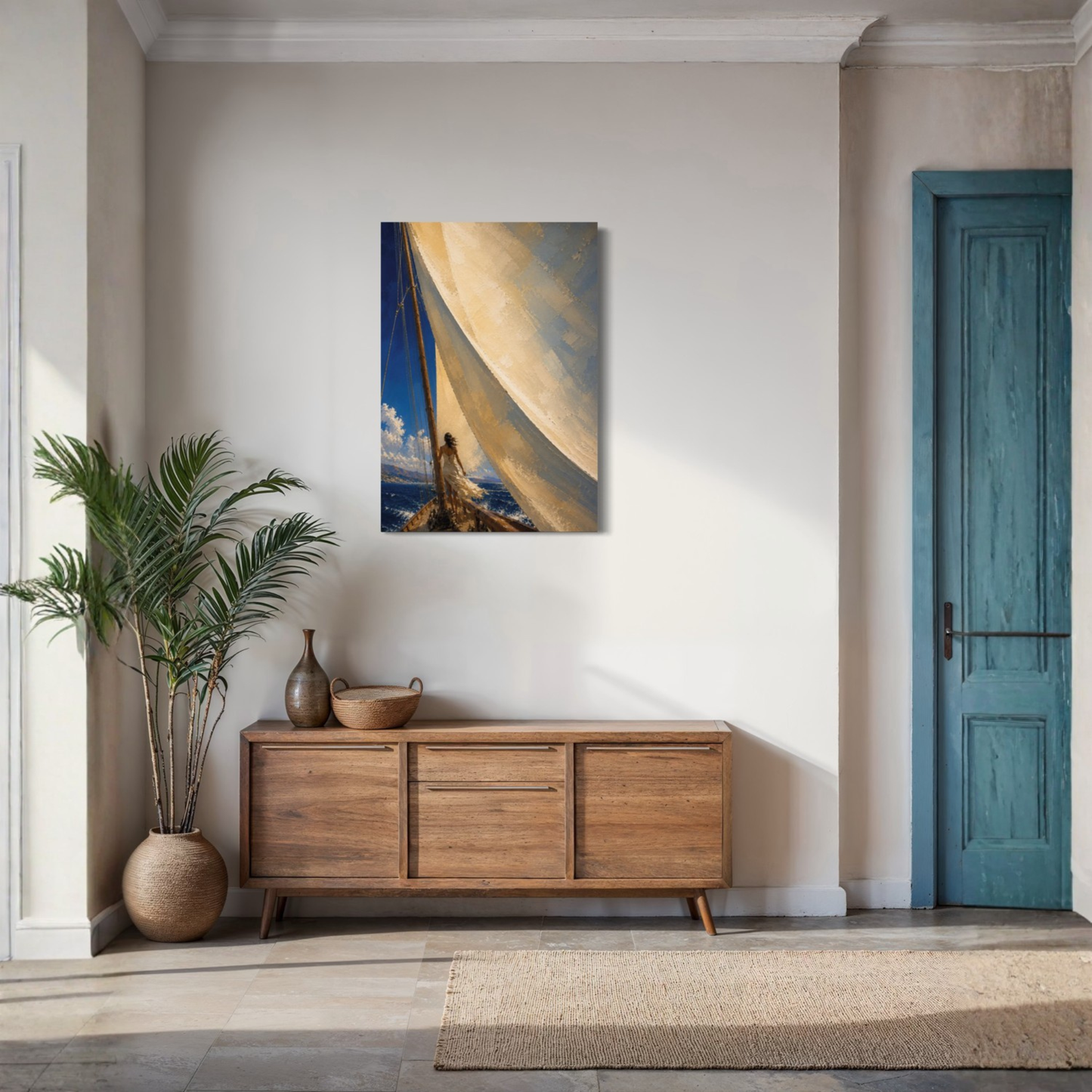 The Sail Mediterranean sailboat canvas displayed in a warm neutral living space.