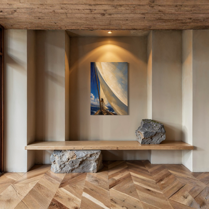 The Sail Mediterranean canvas art styled in a warm wood-panelled interior.