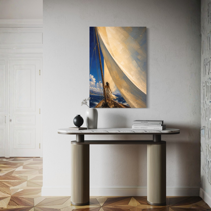 The Sail sailboat canvas art styled above a light console table with indoor plants.