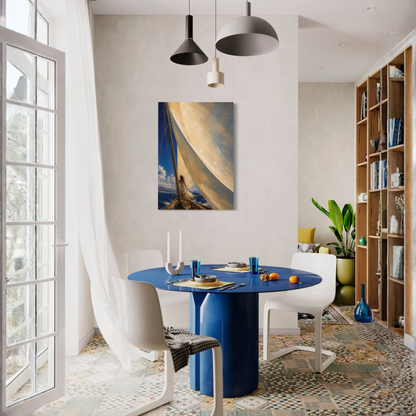 The Sail Mediterranean canvas displayed above a blue accent table in a bright interior.