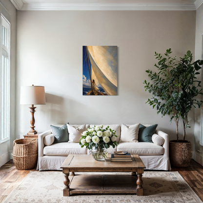 The Sail canvas art above a cream sofa in a light Mediterranean-inspired living room.