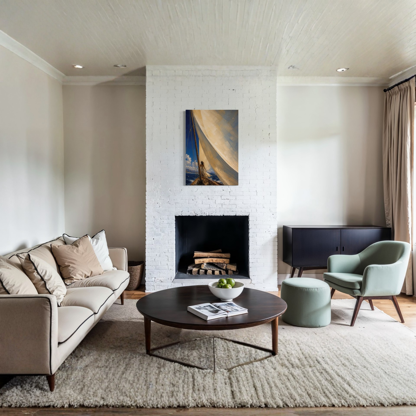 The Sail Mediterranean canvas displayed in a refined neutral living room.