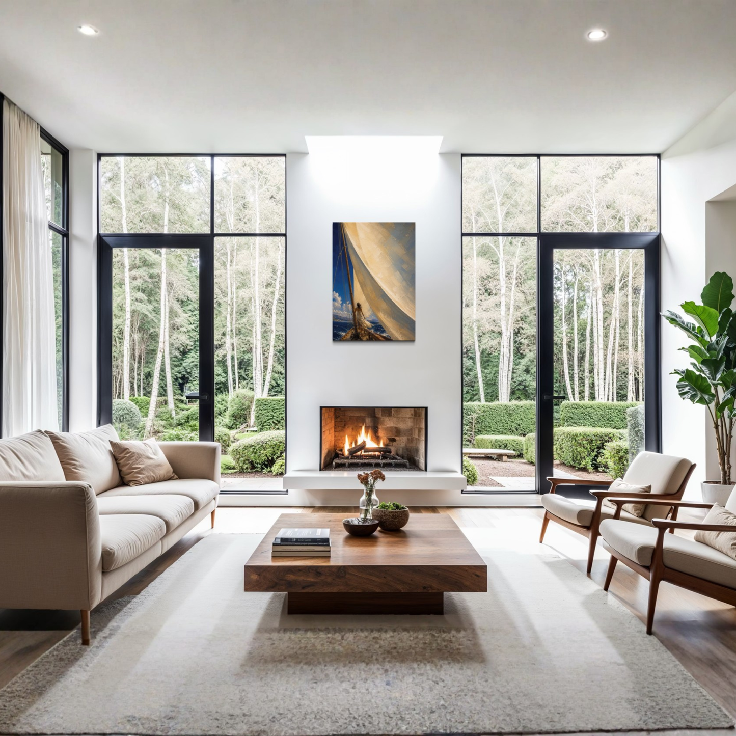 The Sail large vertical canvas displayed in a bright contemporary living room.