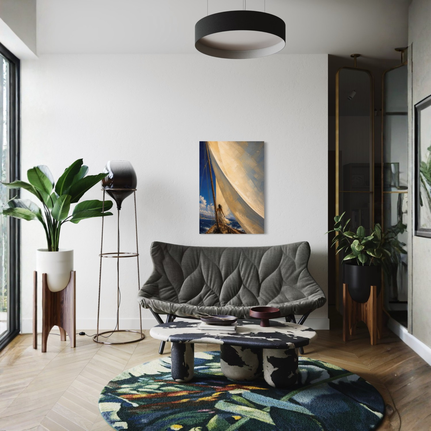 The Sail canvas displayed above a dark sofa with natural wood and greenery.