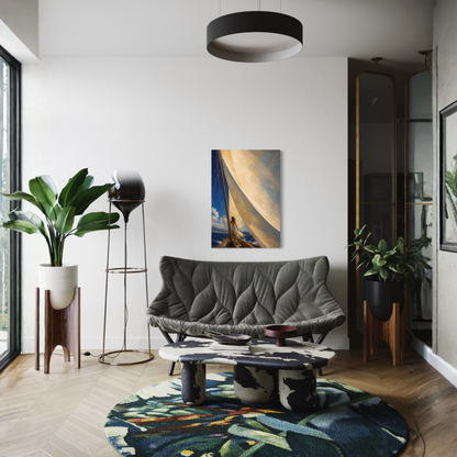 The Sail canvas displayed above a dark sofa with natural wood and greenery.
