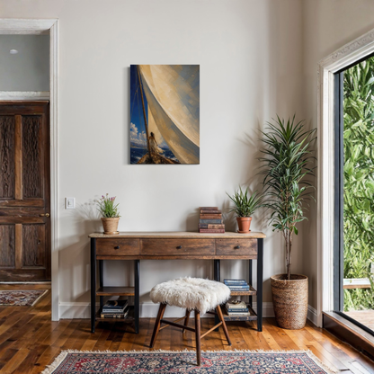 The Sail Mediterranean wall art styled above a wooden desk in a refined home interior.
