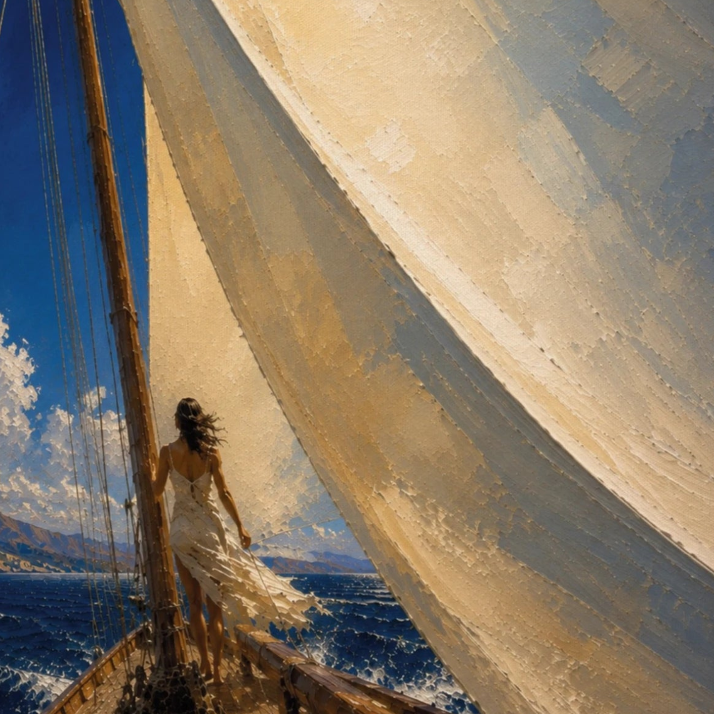 Close-up of The Sail canvas showing textured ivory sail, rigging and cobalt Mediterranean water.