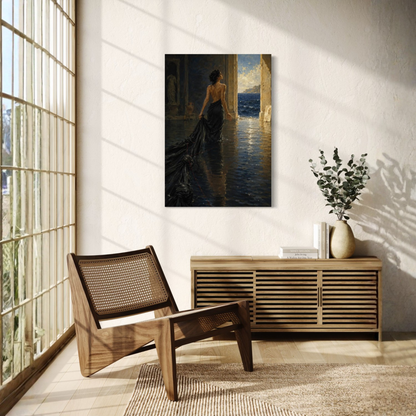 The Passage Mediterranean canvas art styled in a light contemporary room with natural wood furniture.