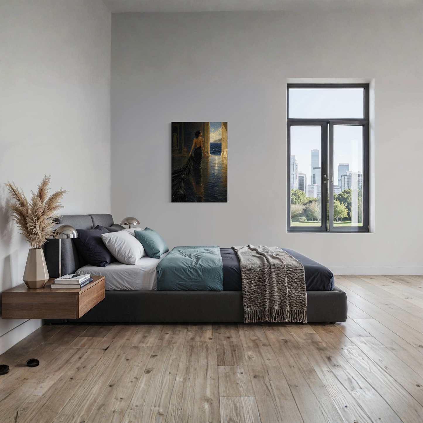 The Passage canvas art styled above a bed in a calm modern bedroom with natural tones.