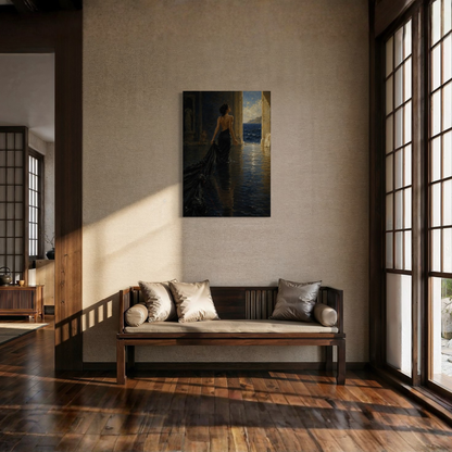 The Passage Mediterranean wall art displayed in a warm wood-panelled contemporary interior.