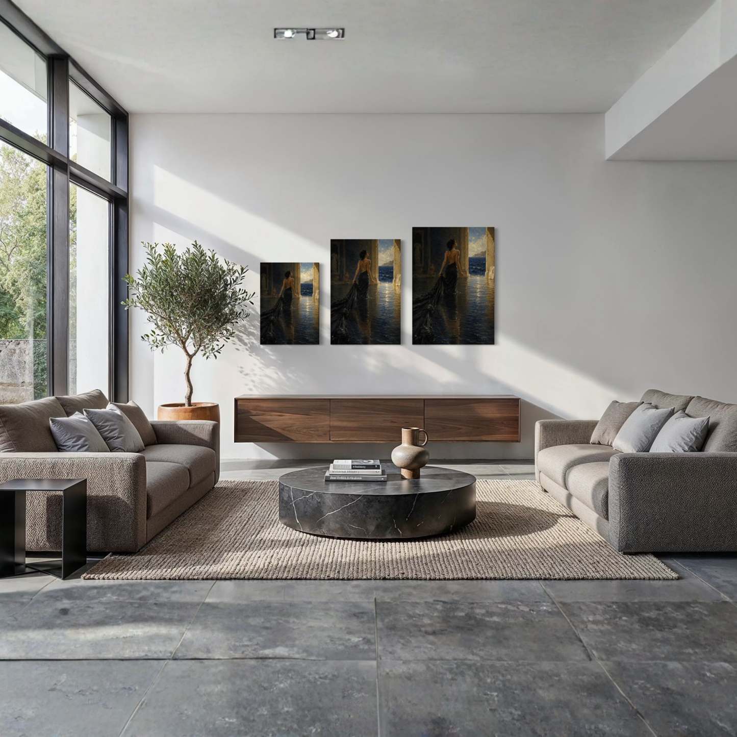 The Passage Mediterranean canvas displayed in a refined contemporary living room.