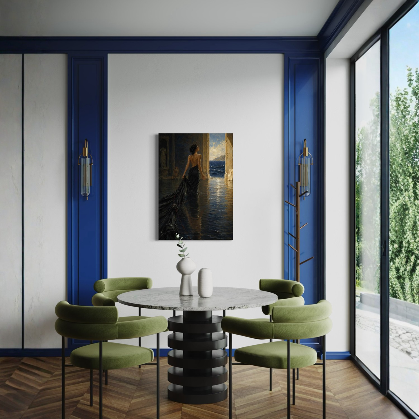 The Passage statement canvas displayed in a dramatic blue contemporary living room.