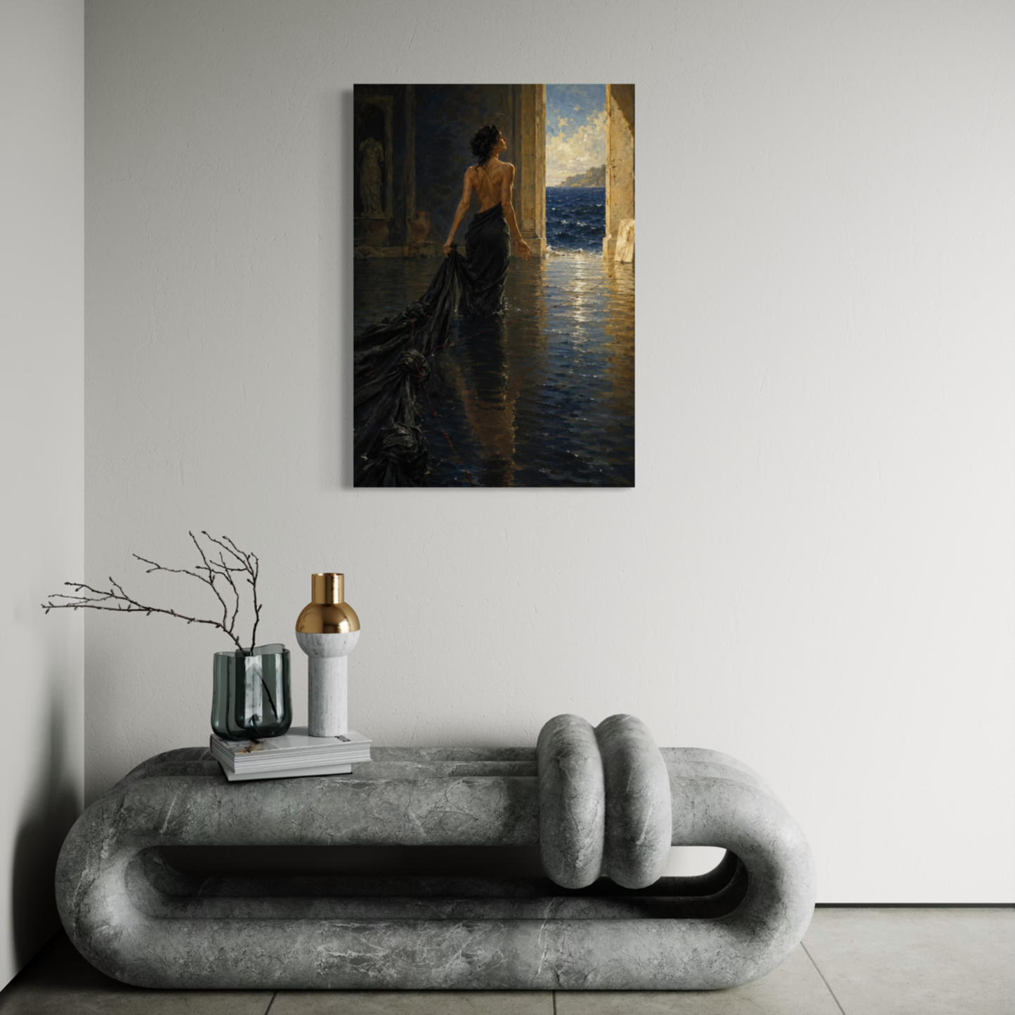 The Passage canvas art styled above a minimalist grey sofa in a neutral contemporary interior.