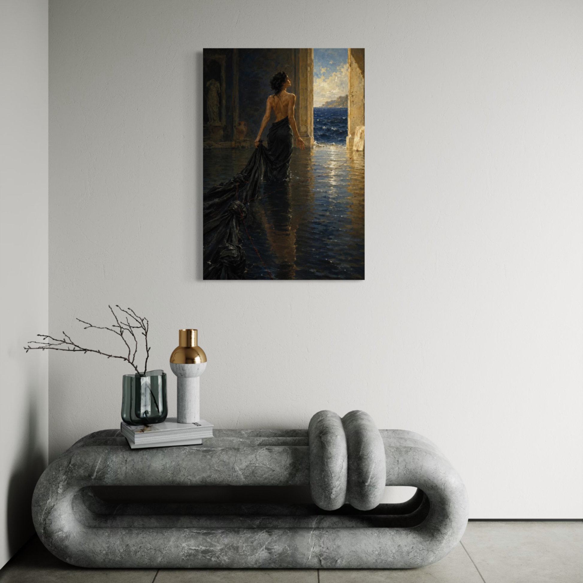 The Passage canvas art styled above a minimalist grey sofa in a neutral contemporary interior.