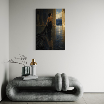The Passage canvas art styled above a minimalist grey sofa in a neutral contemporary interior.