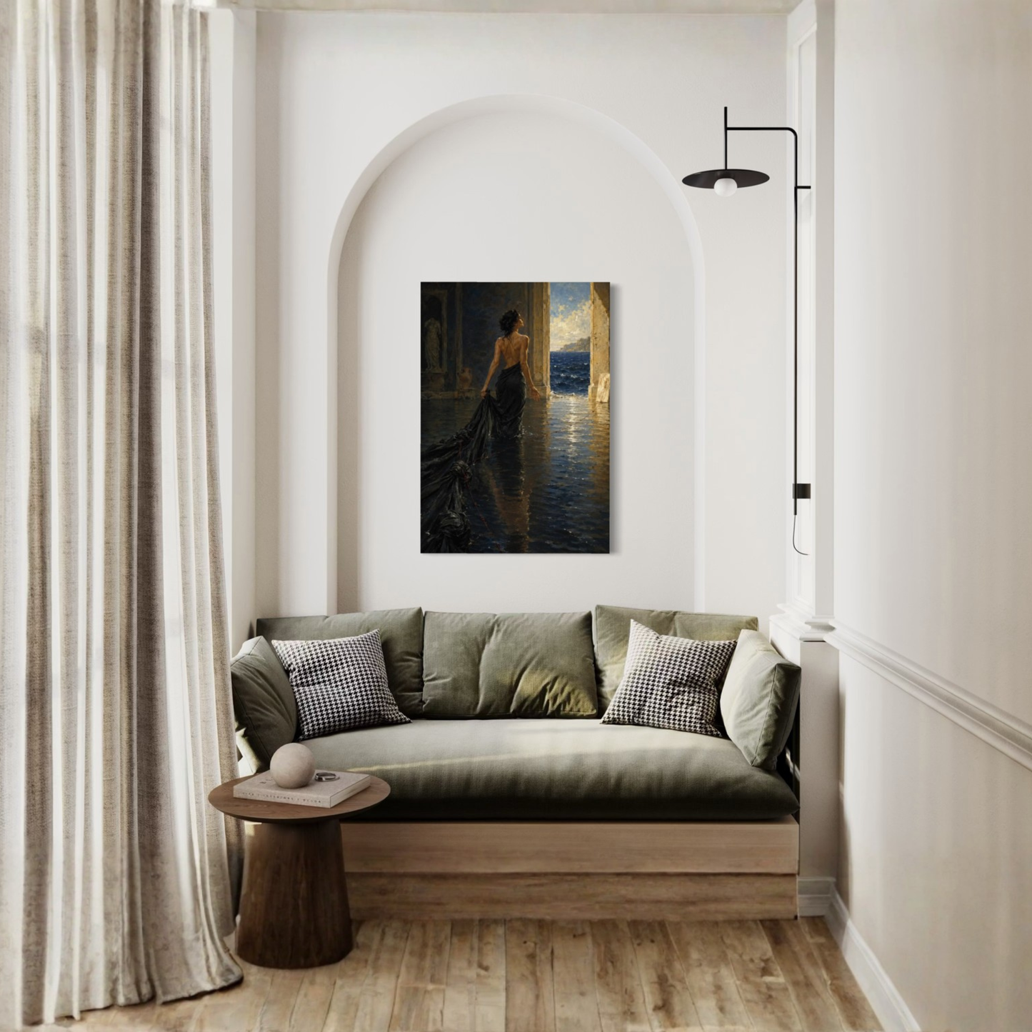 The Passage Mediterranean wall art displayed within an architectural arched interior above a neutral sofa.