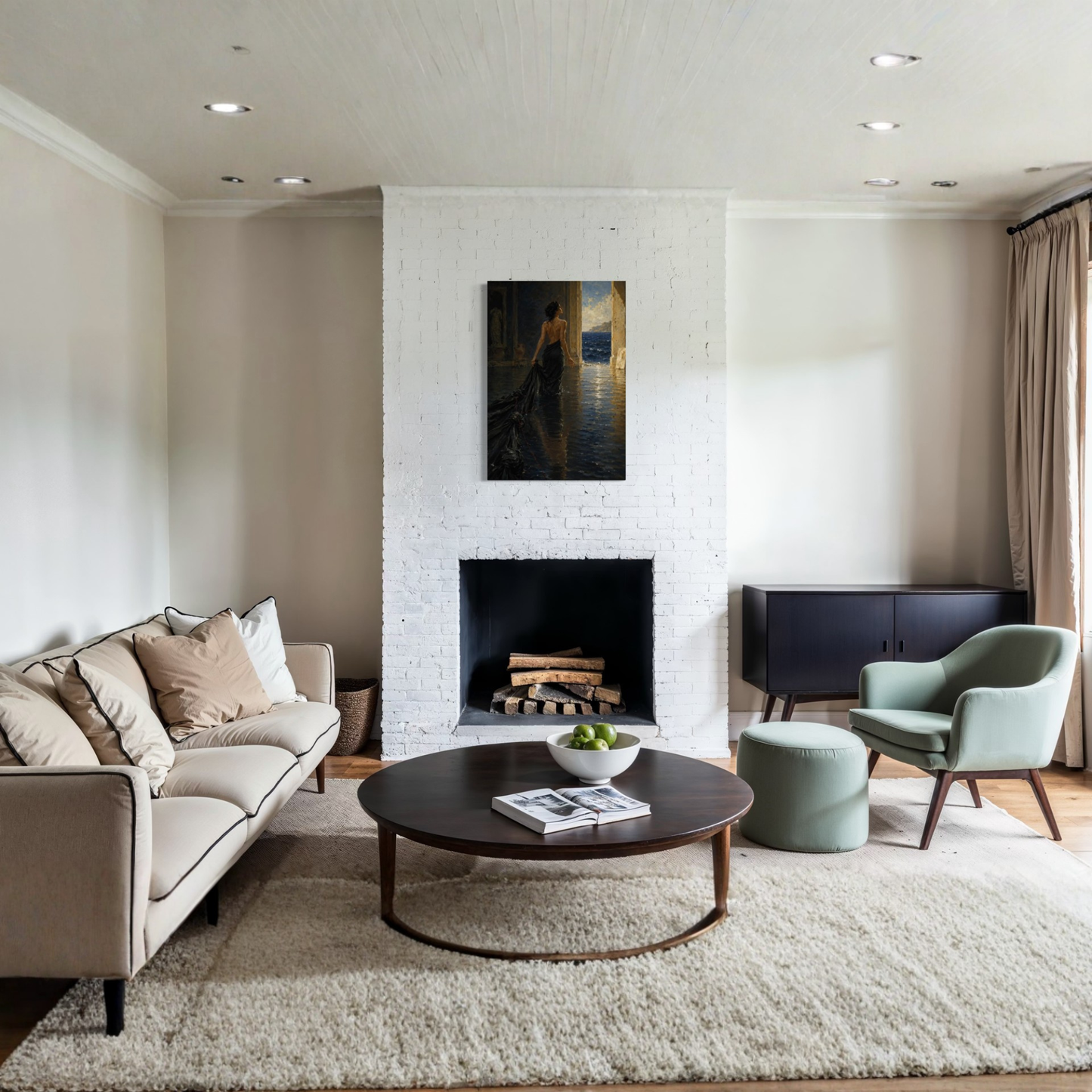 The Passage canvas art styled above a neutral sofa in a calm modern living room.