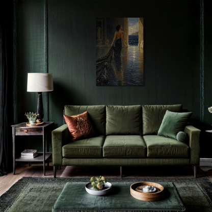 The Passage dark Mediterranean canvas displayed above a deep green sofa in an elegant living room.