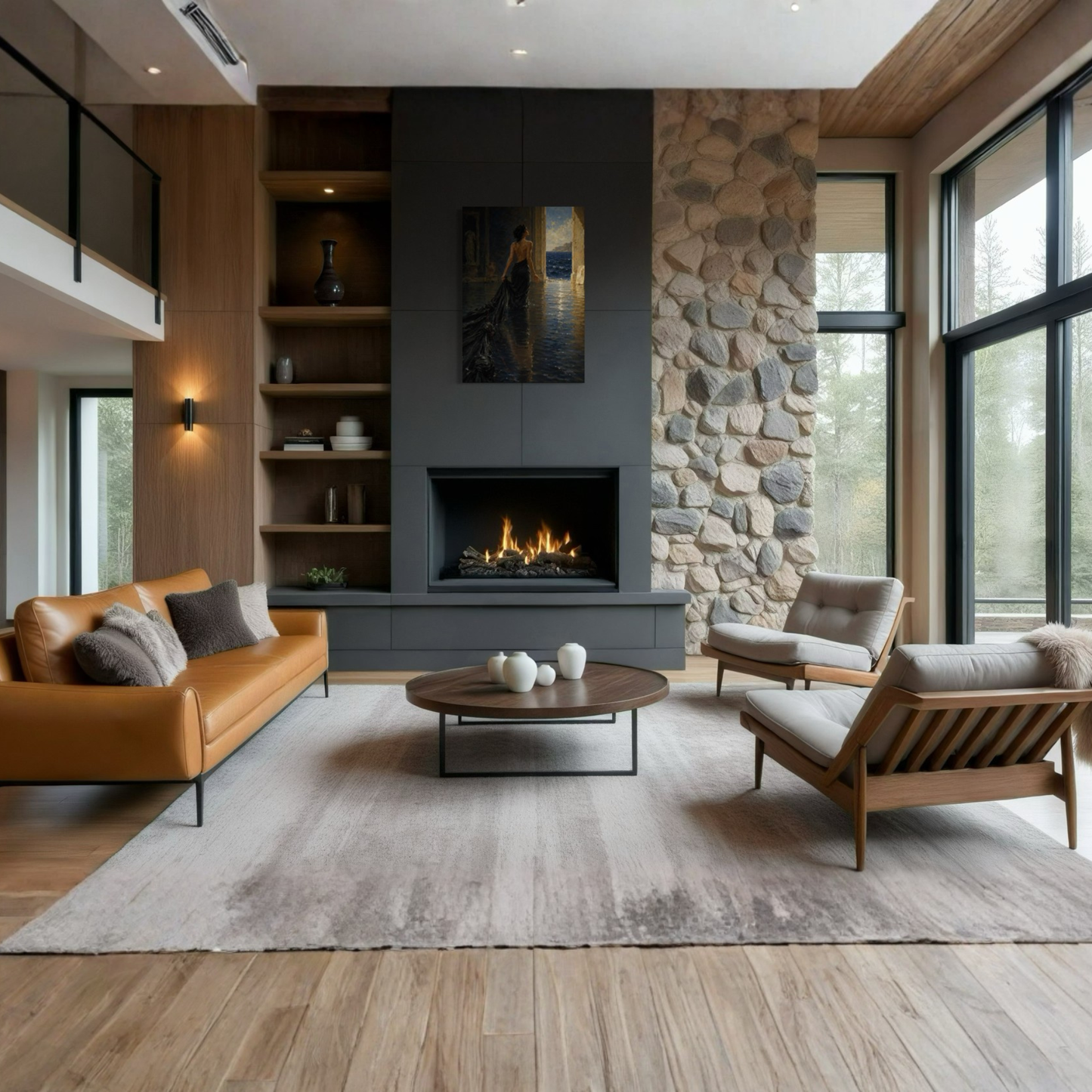 The Passage vertical canvas displayed beside a modern fireplace in a refined living space.