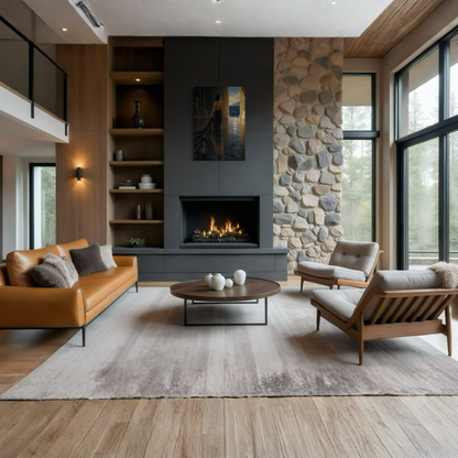 The Passage vertical canvas displayed beside a modern fireplace in a refined living space.
