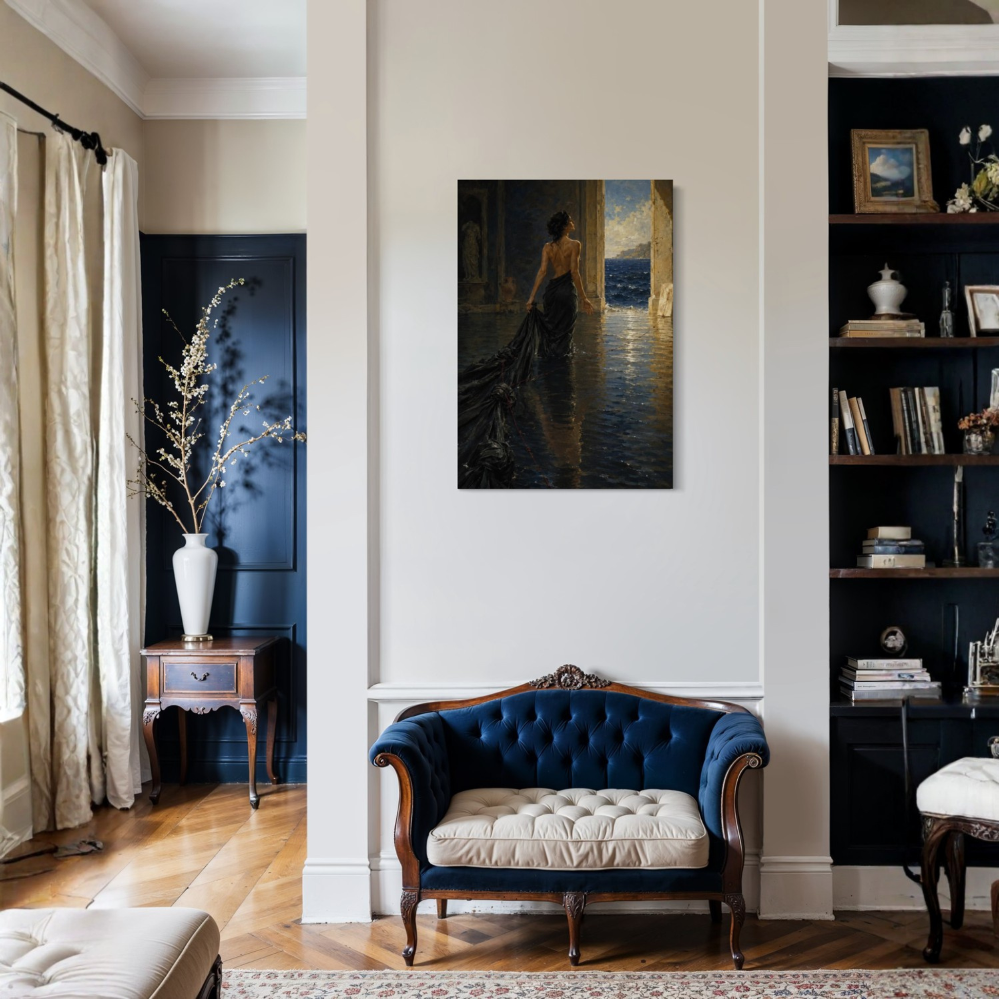The Passage Mediterranean canvas art styled in a refined interior with blue seating and natural light