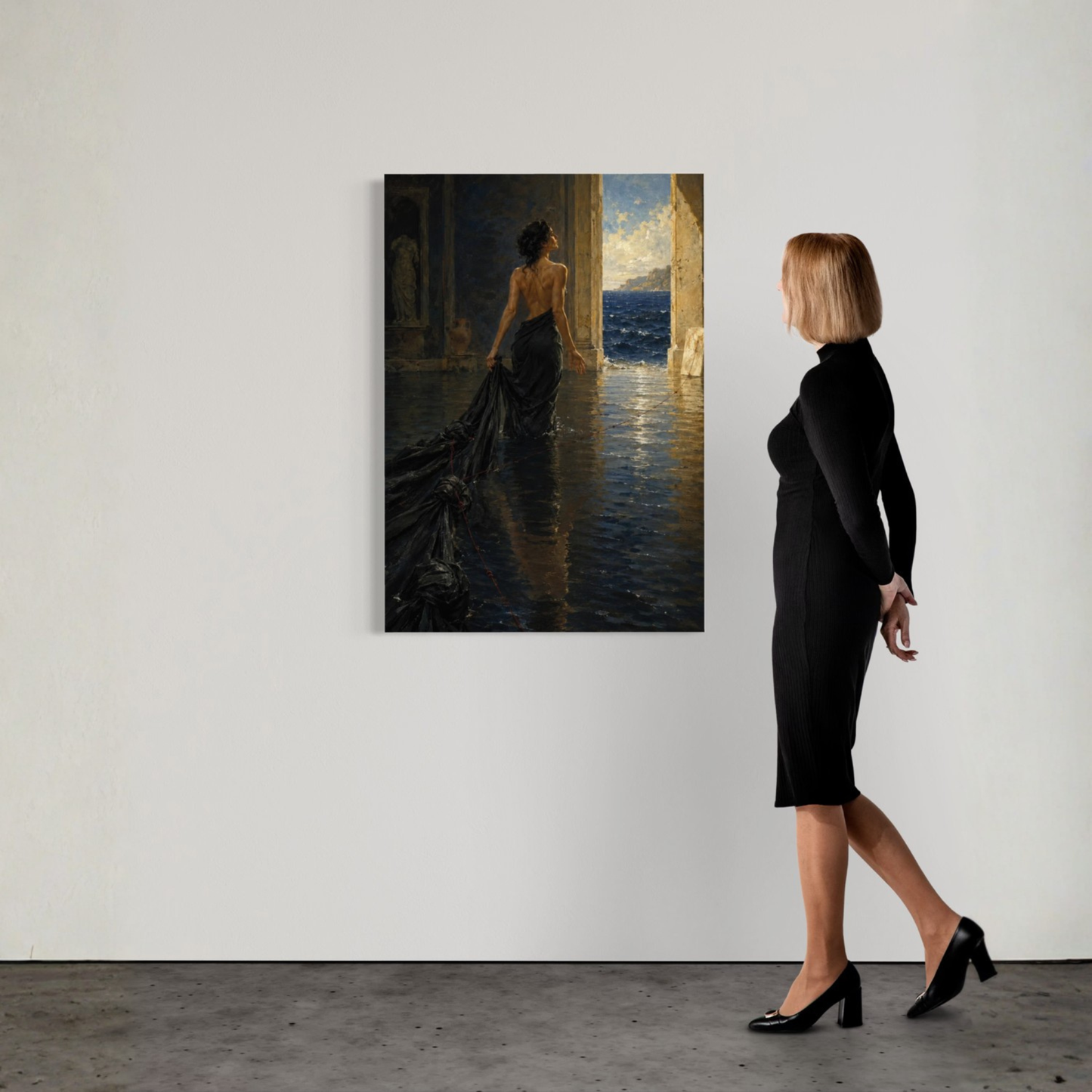 The Passage canvas art displayed on a gallery wall beside a woman for scale.