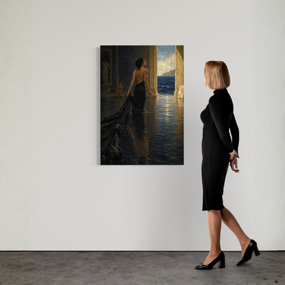 The Passage canvas art displayed on a gallery wall beside a woman for scale.