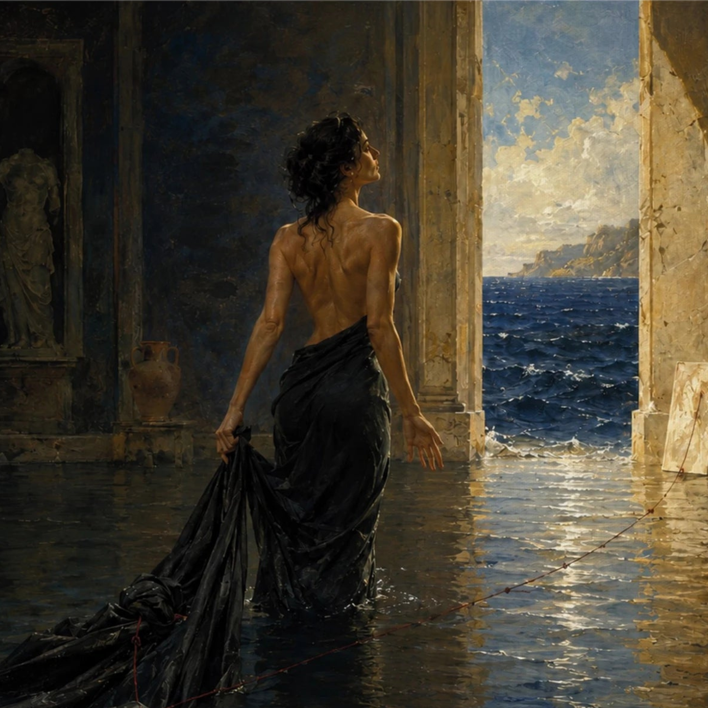 Close-up of The Passage canvas showing the female figure, reflective water and luminous Mediterranean sea beyond.