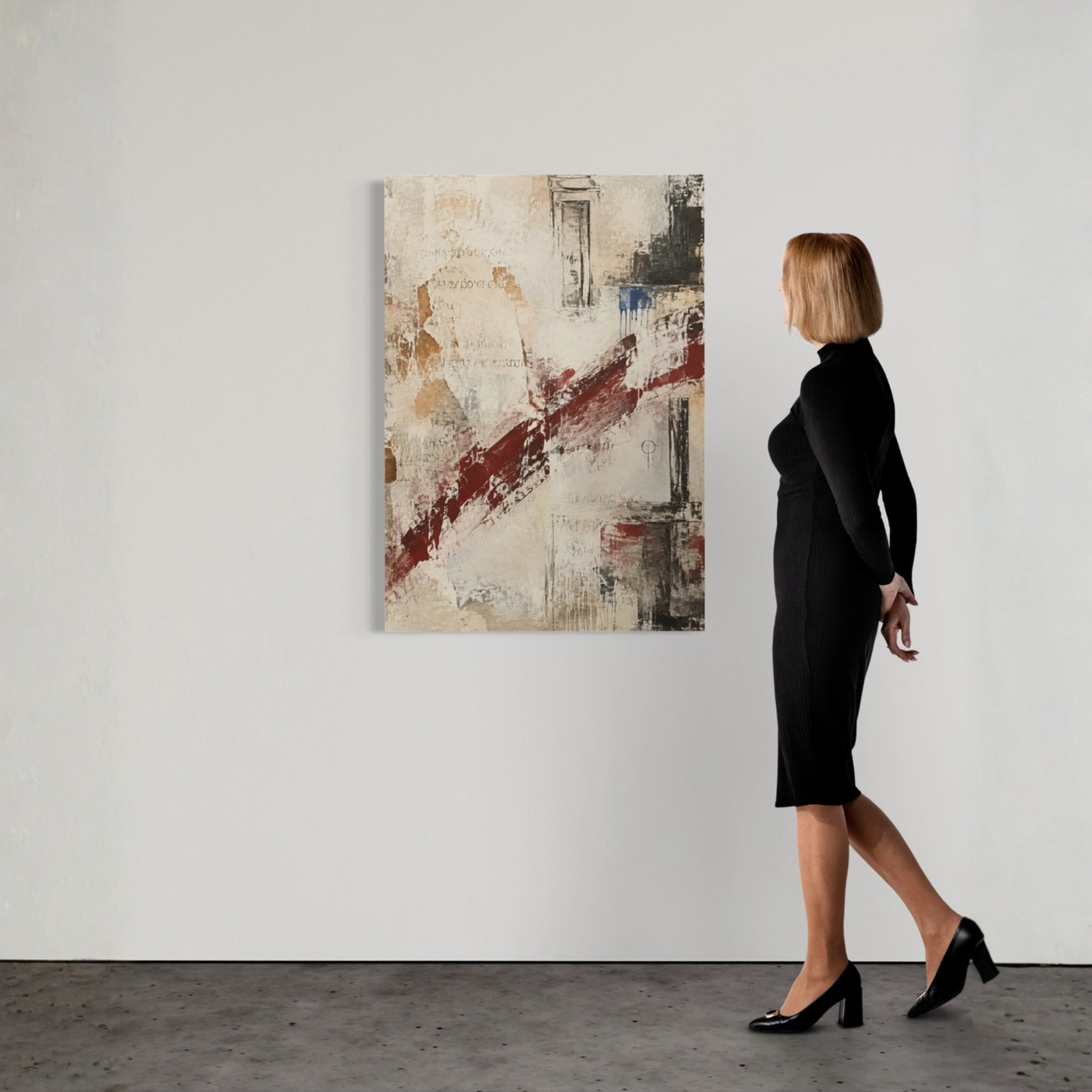 What Remains abstract canvas displayed on a gallery wall beside a woman for scale.