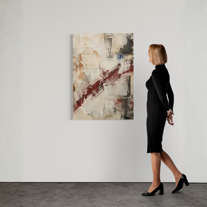 What Remains abstract canvas displayed on a gallery wall beside a woman for scale.