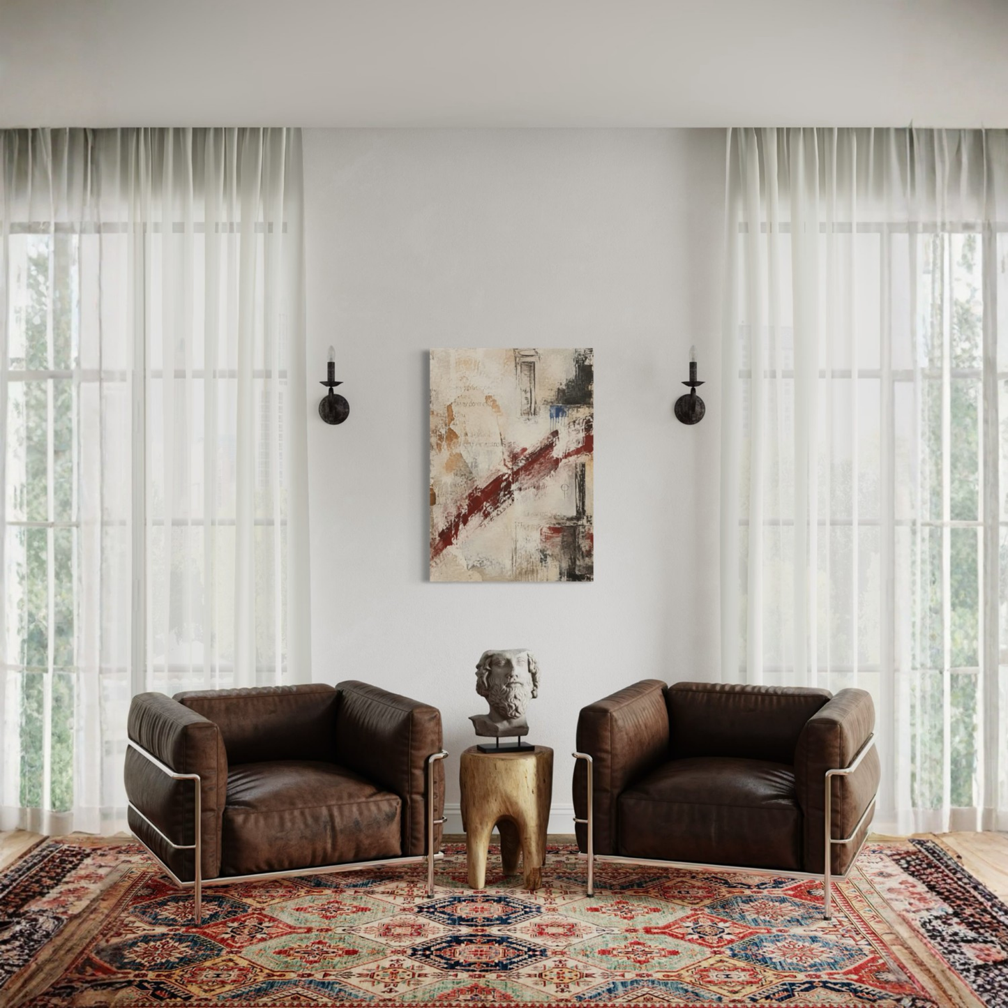 What Remains abstract wall art styled in a warm living room with brown leather furniture and patterned rug.