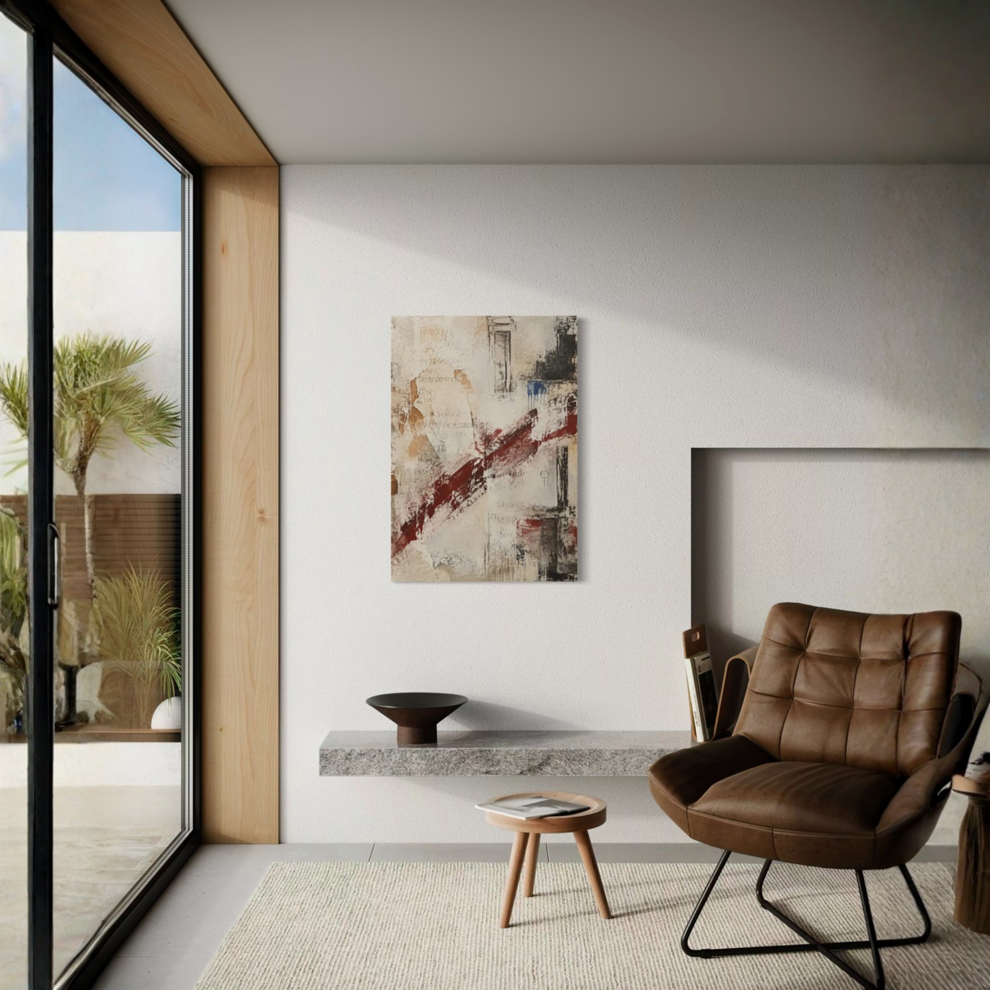 What Remains statement canvas styled in a modern interior with dark leather seating and large windows.