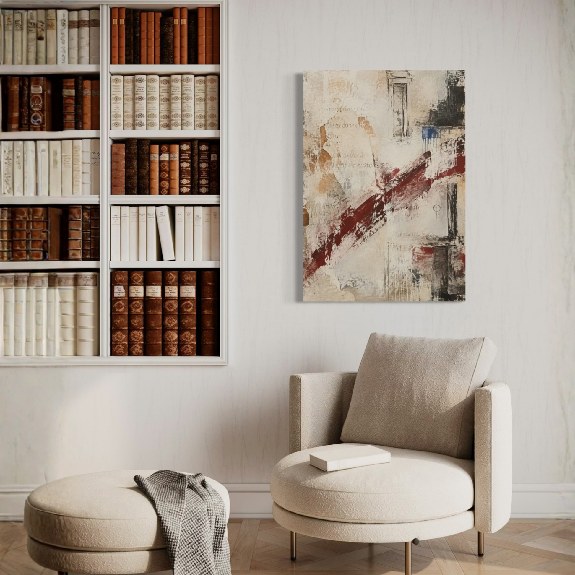 What Remains canvas art displayed in a refined living room with bookshelves and neutral furniture.