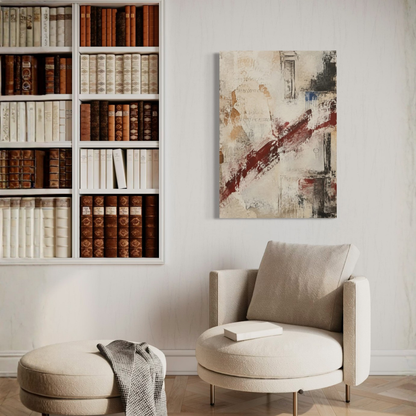 What Remains canvas art displayed in a refined living room with bookshelves and neutral furniture.