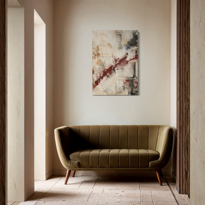 What Remains abstract wall art displayed above a dark brown chair in a warm architectural interior.