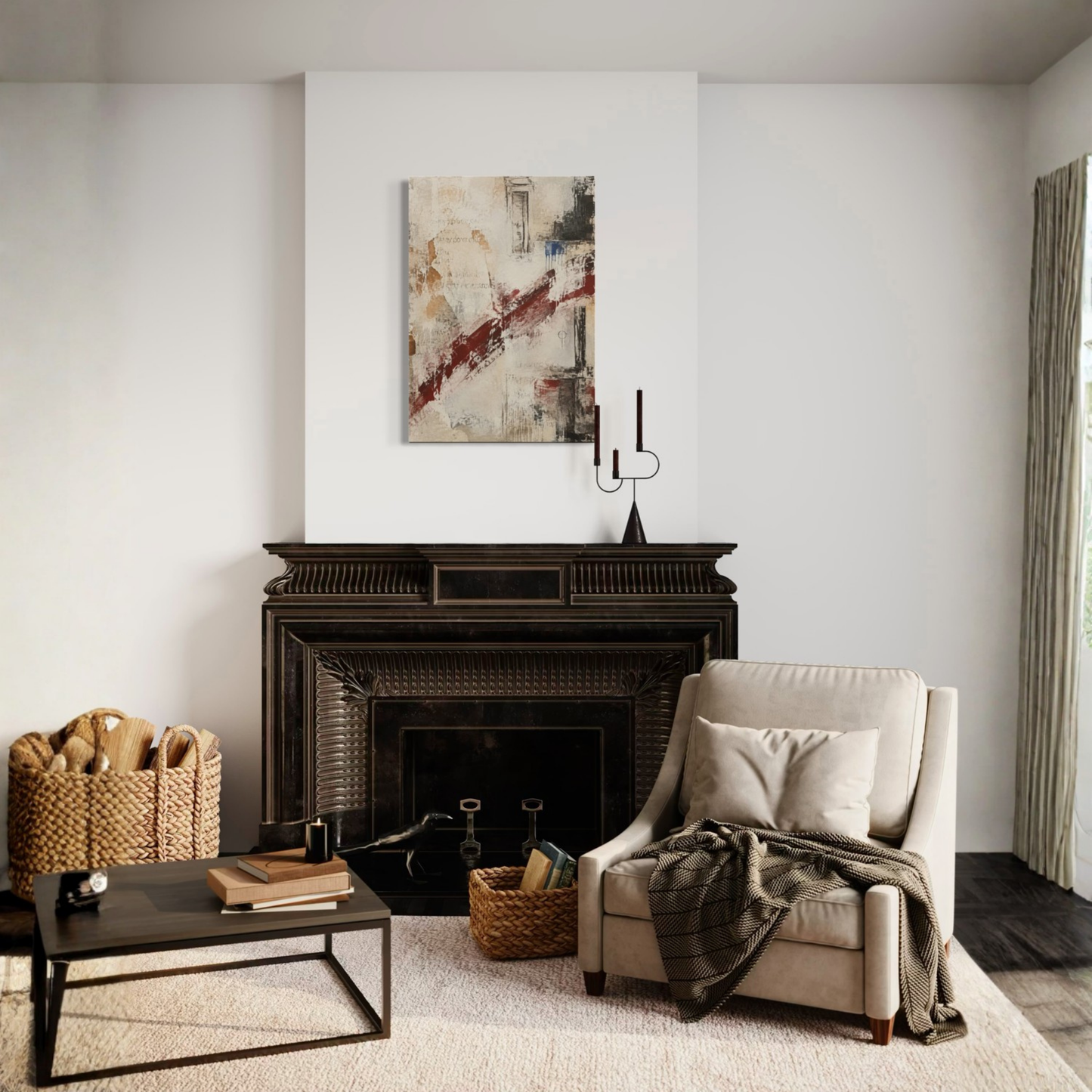 What Remains abstract canvas displayed above a dark fireplace in an elegant neutral room.