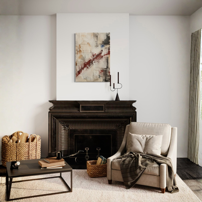 What Remains abstract canvas displayed above a dark fireplace in an elegant neutral room.