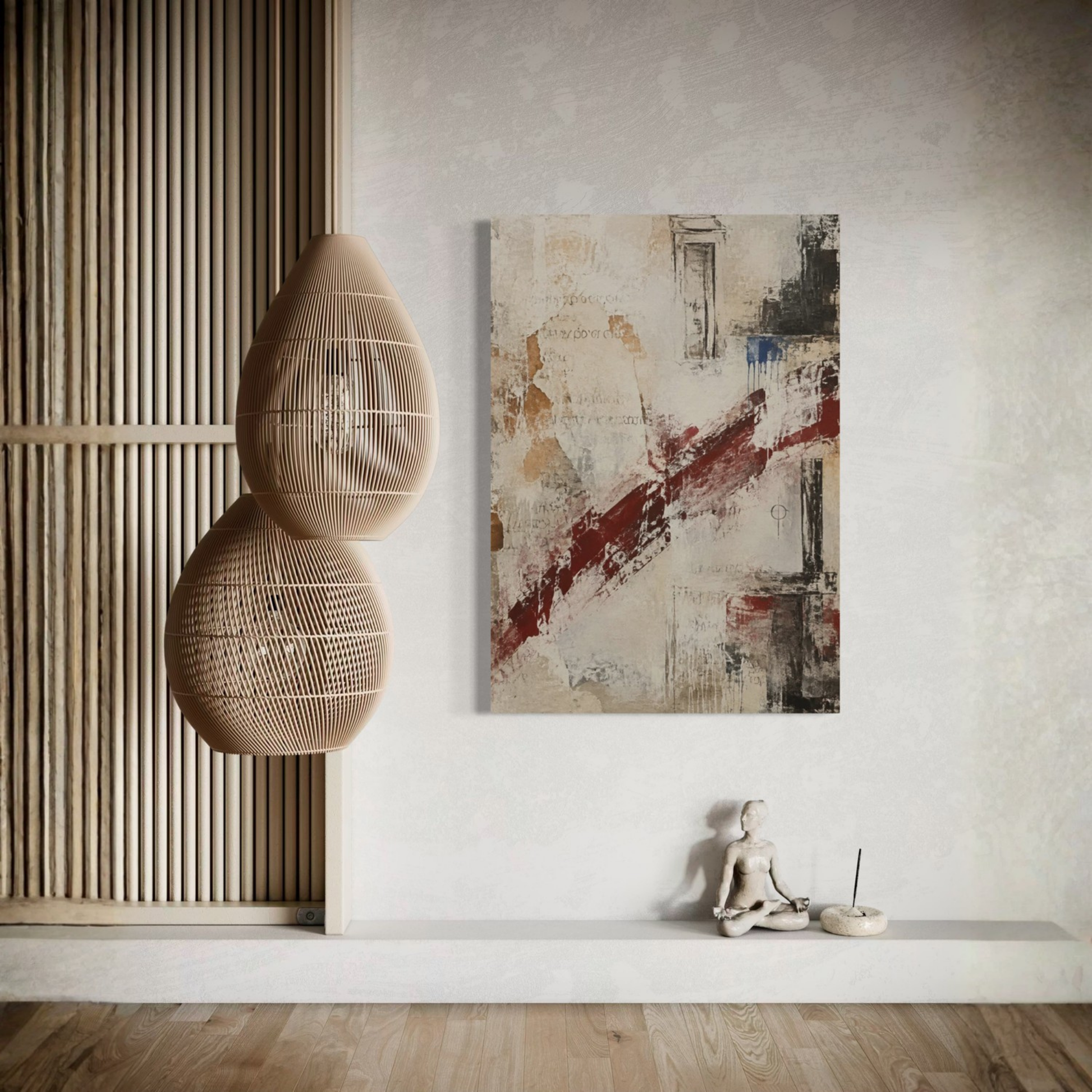 What Remains canvas art styled with sculptural decor in a calm neutral living space.