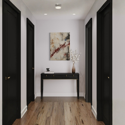 What Remains vertical canvas art styled in a minimalist hallway with dark architectural details.