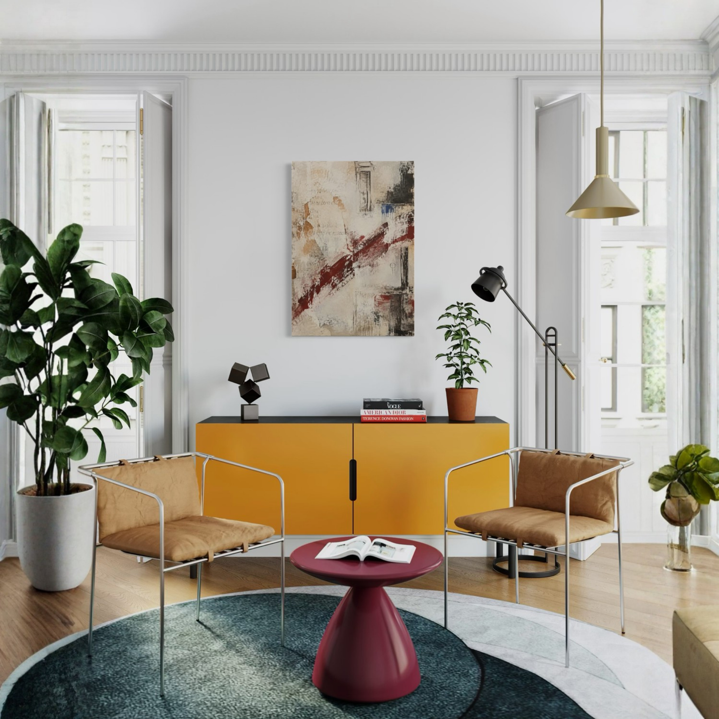 What Remains abstract canvas displayed in a contemporary living room with warm ochre seating.
