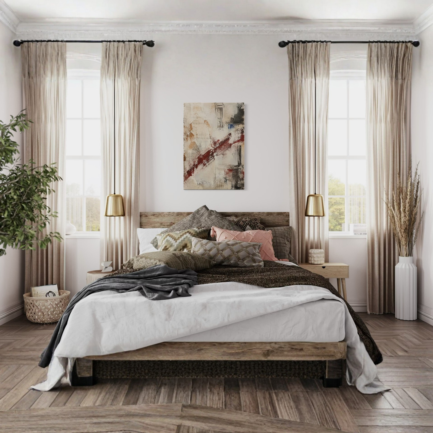 What Remains neutral abstract canvas displayed above a bed in a calm contemporary bedroom.