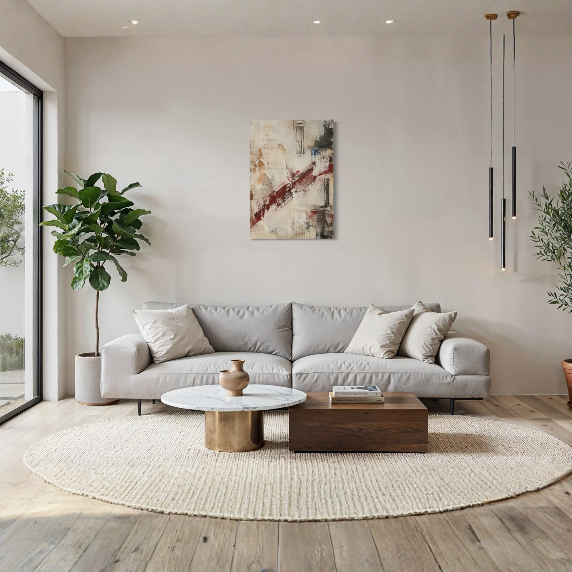 What Remains textured abstract canvas styled above a curved cream sofa in a light modern interior.