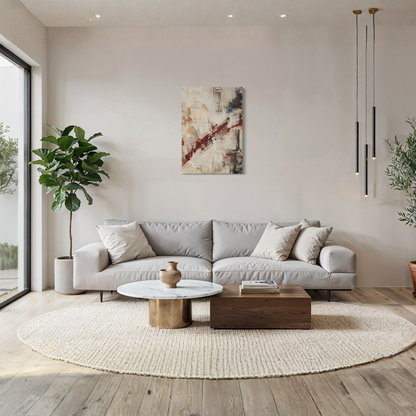 What Remains textured abstract canvas styled above a curved cream sofa in a light modern interior.
