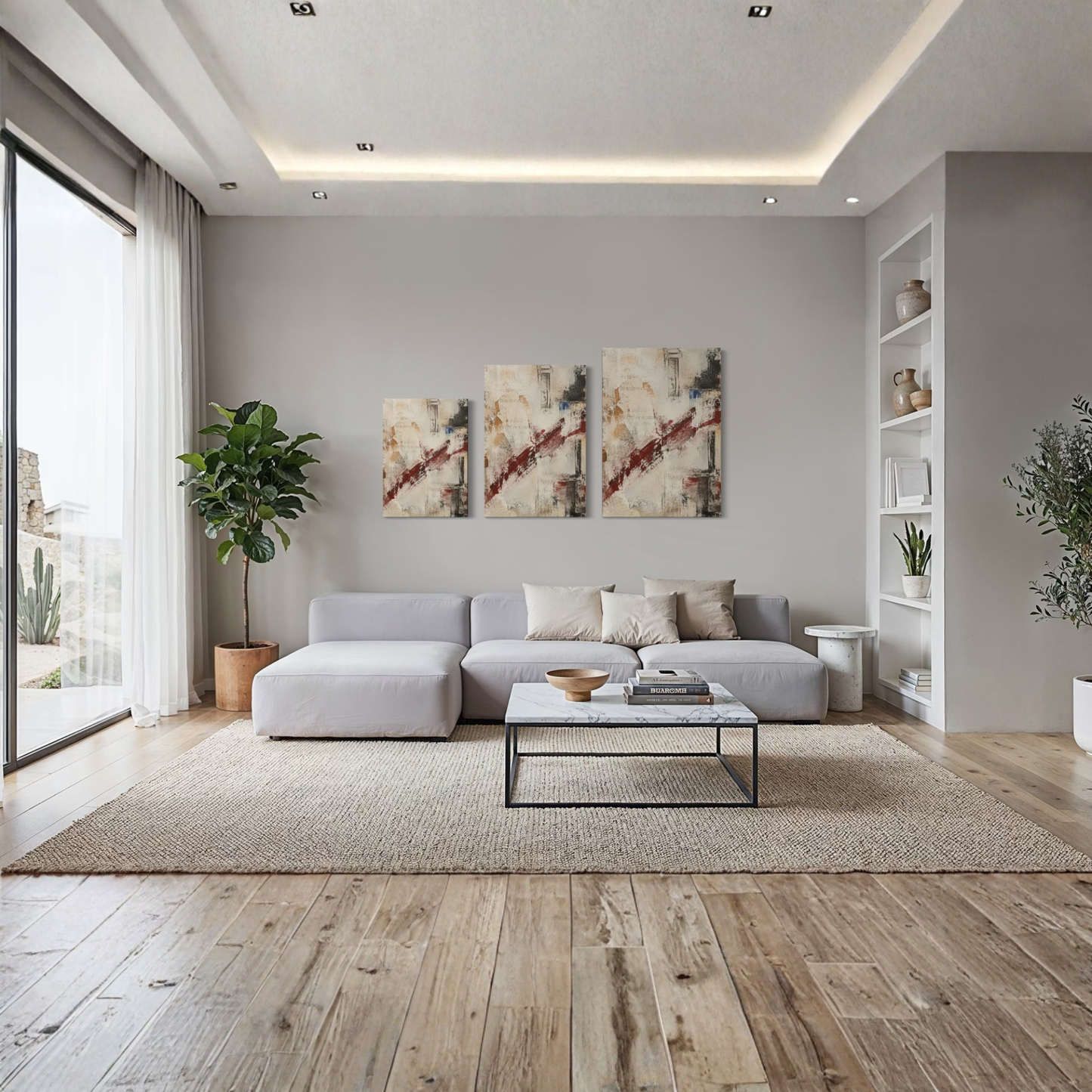 What Remains canvas art displayed in a refined neutral living room above a contemporary sofa.