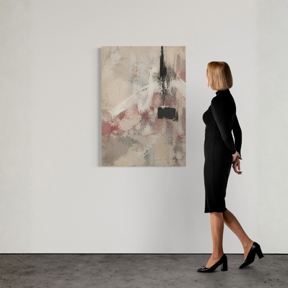 The Unsaid abstract canvas displayed on a gallery wall beside a woman for scale.